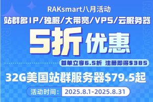 RAKsmart八月活动 站群多IP/独服/大带宽/VPS/云服务器5折优惠 32G美国站群服务器$79.5起 首单立享6.5折